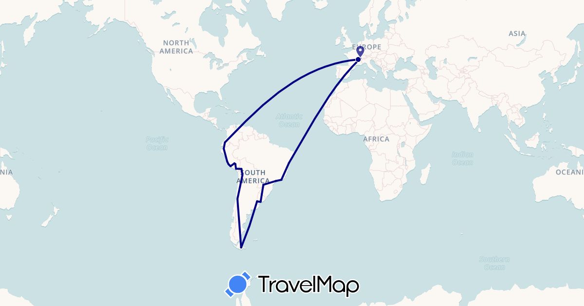 TravelMap itinerary: driving in Argentina, Bolivia, Brazil, Switzerland, Chile, Ecuador, France, Peru, Uruguay (Europe, South America)